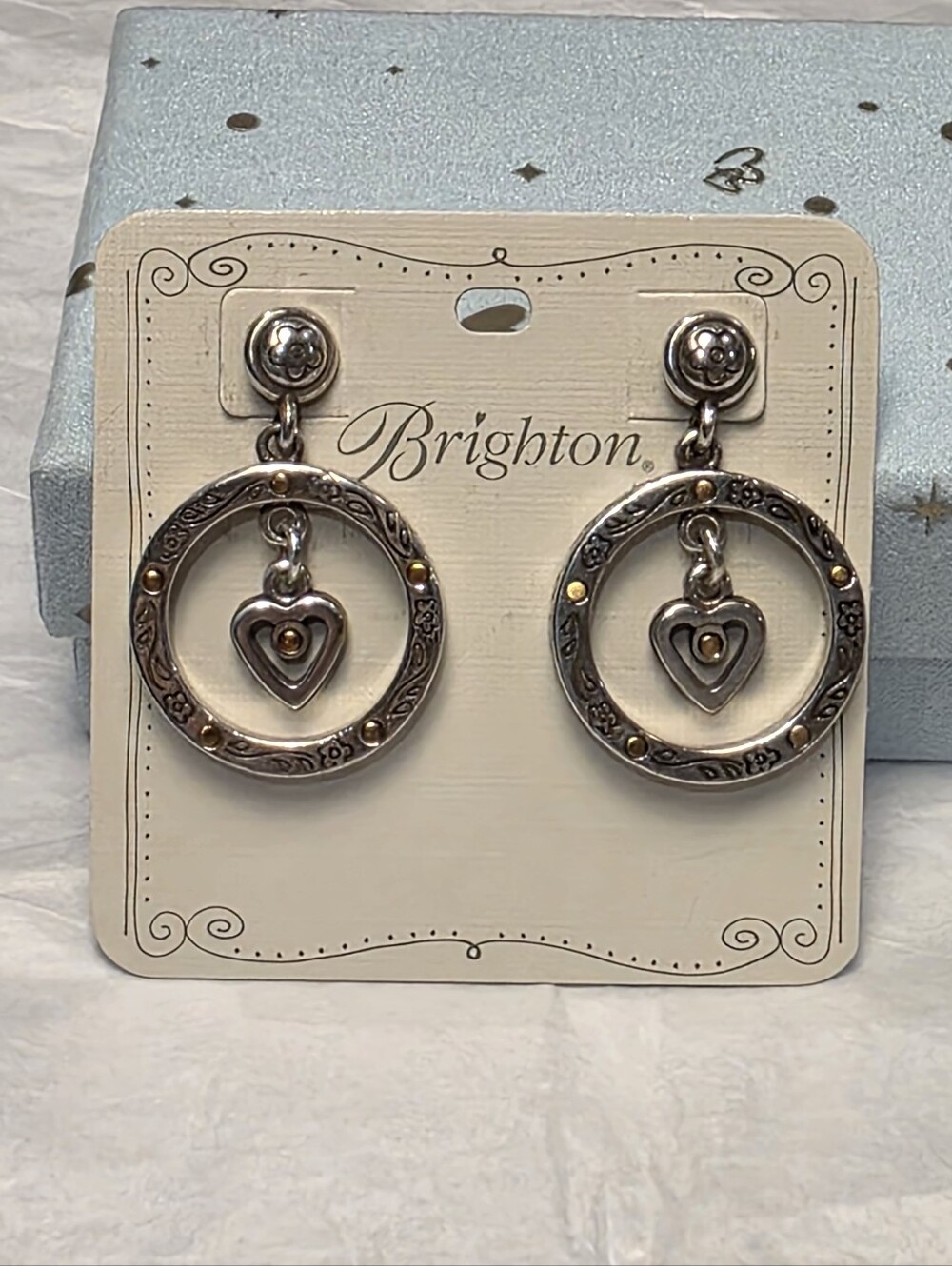Brighton Silver Gold‎ Tone Heart Circle Floral Engraved Drop Post Earrings